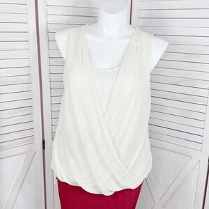 AGB Drape Front Sleeveless T Shirt Top Ivory Cream Large